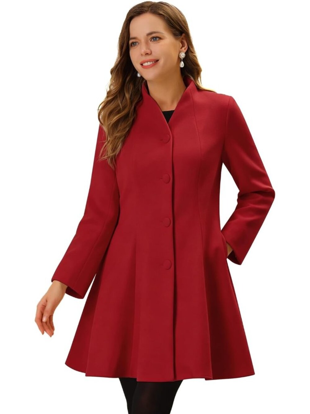 Women's Red Single Breasted A Line Mid-Long Winter Long Sleeve Pea Trench Coat